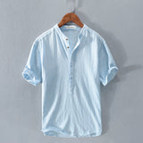 Men's Stand Collar Japanese Ice Silk Linen Short Sleeve T-shirt