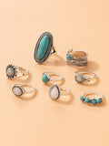 Ethnic style retro inlaid turquoise carved feather ring fashion 8-piece combination ring set