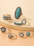 Ethnic style retro inlaid turquoise carved feather ring fashion 8-piece combination ring set