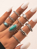 Ethnic style retro inlaid turquoise carved feather ring fashion 8-piece combination ring set