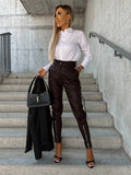 Women's Fashion Slim Fit PU Leather Waist Leg Pants Pockets