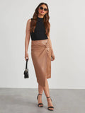 New solid color slit mid-length sexy hot girl butt-covering leather skirt